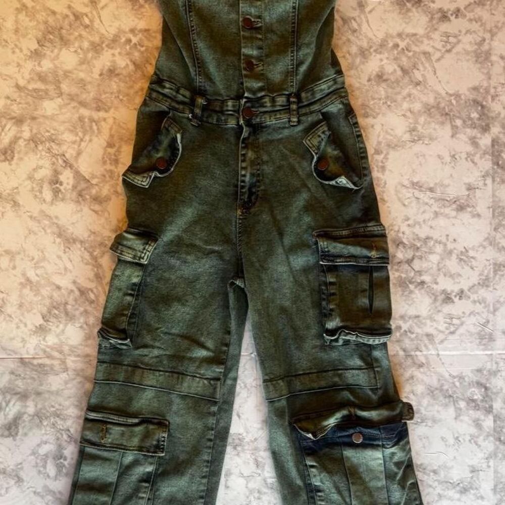 Daisy Forest Green Cargo Romper Women's Size Small Utility Denim Sleeveless